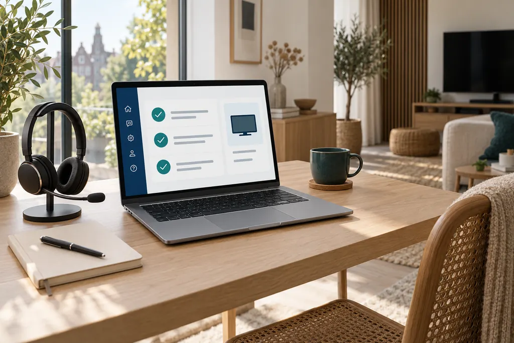 Werkplek met laptop, headset en notitieboek voor het activeren van een abonnement