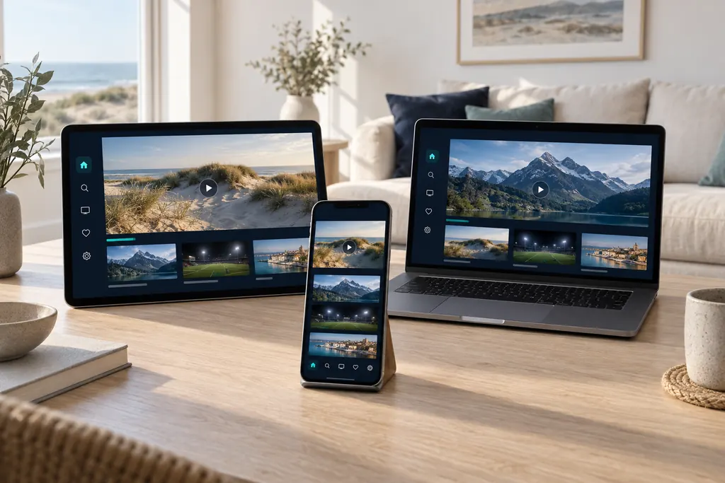 Tablet, laptop en smartphone op een eiken tafel, alle drie met hetzelfde streamingoverzicht