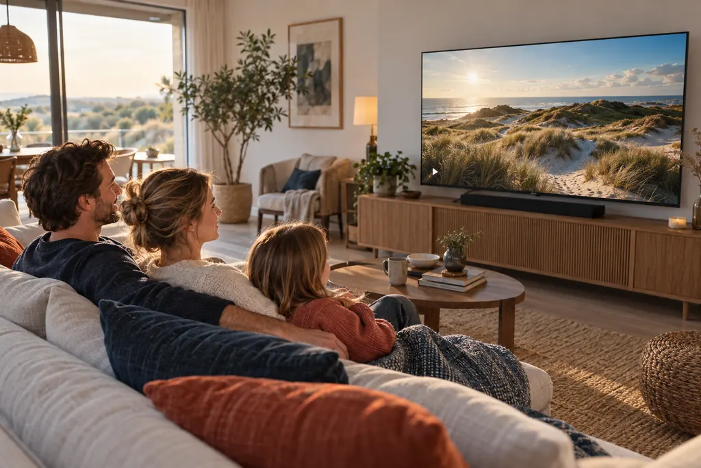 Een gezin zit samen op de bank en kijkt naar een duinlandschap op televisie
