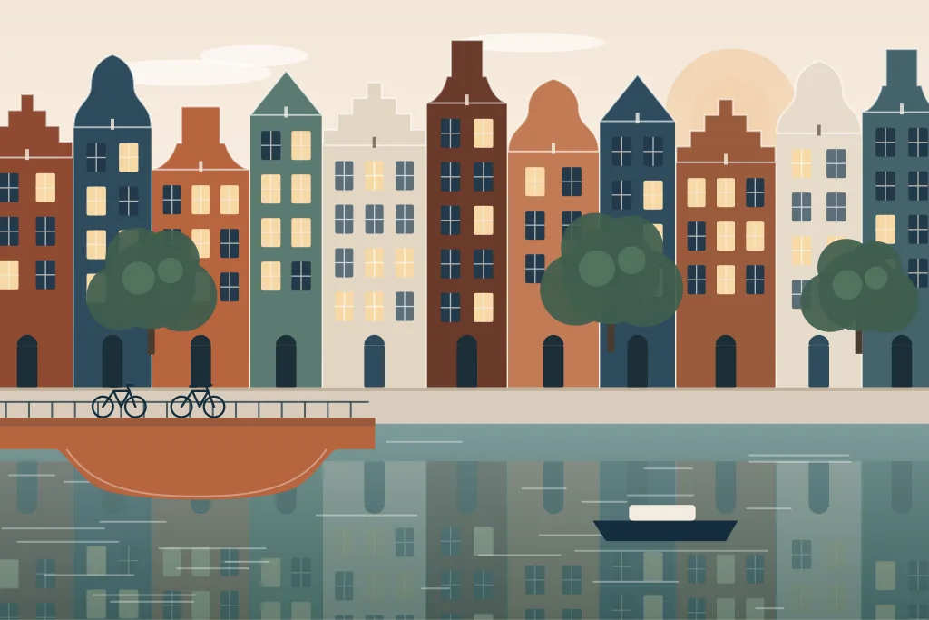 Illustratie van Amsterdamse grachtenpanden met trap-, klok- en halsgevels, bomen en fietsen op een brug