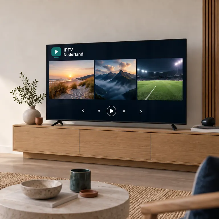 Televisie met het IPTV Nederland-overzicht op een eiken tv-meubel in een lichte Nederlandse woonkamer