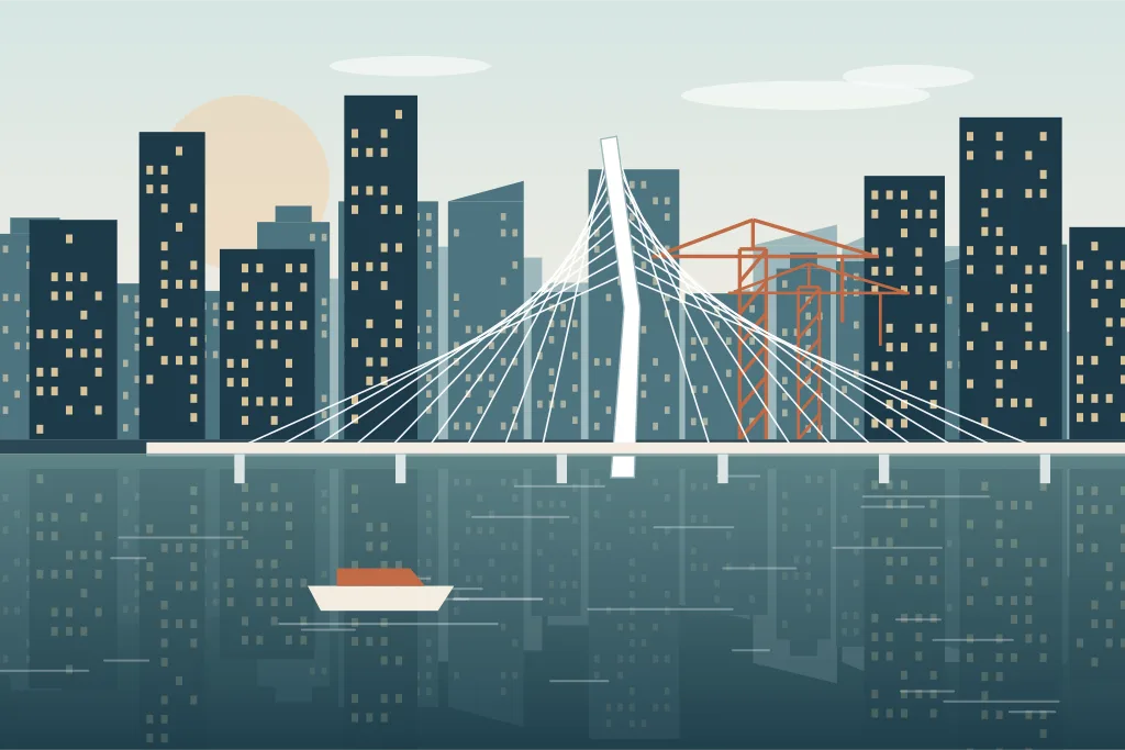 Illustratie van de Rotterdamse skyline met hoogbouw, een tuibrug en havenkranen aan de Maas