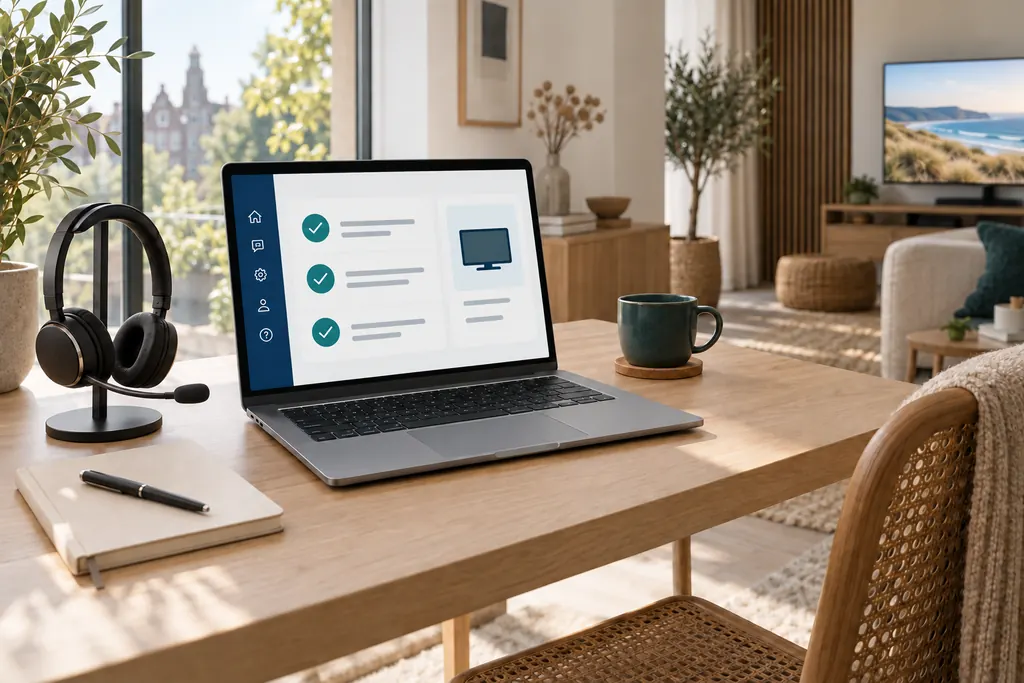 Laptop met een installatie-checklist en een headset op een eiken bureau, met op de achtergrond een tv