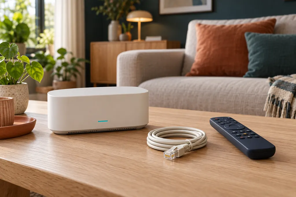 Wifi-router, opgerolde netwerkkabel en afstandsbediening op een eiken salontafel