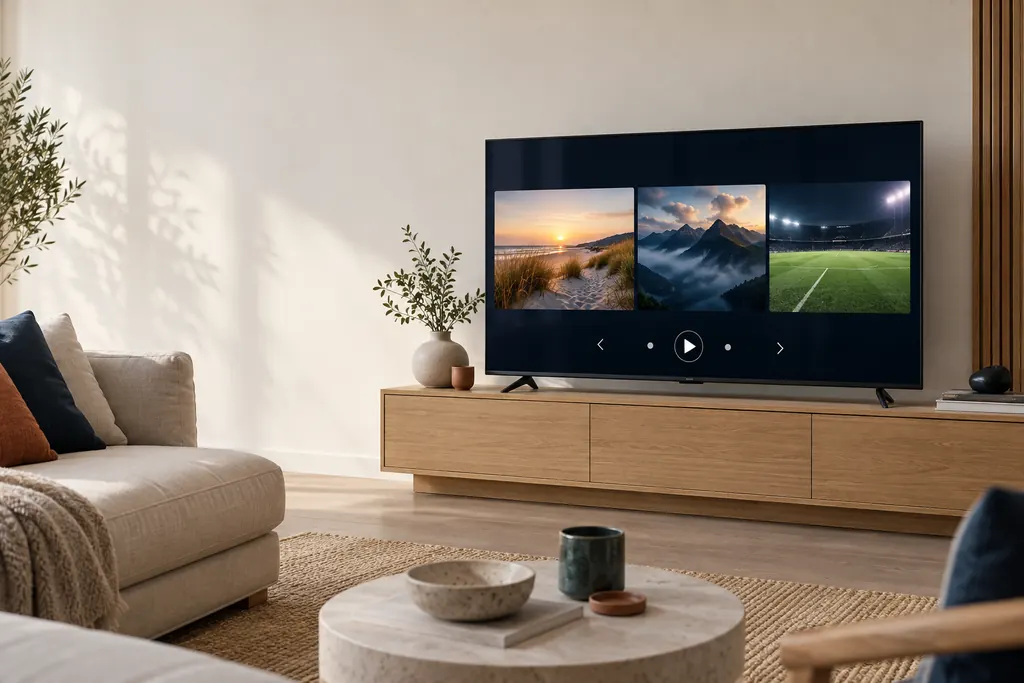 Smart TV met een streamingoverzicht van duinen, bergen en een voetbalveld in een lichte woonkamer