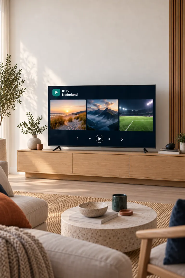 Staande foto van een woonkamer met een grote televisie op een eiken meubel en zonlicht op de muur