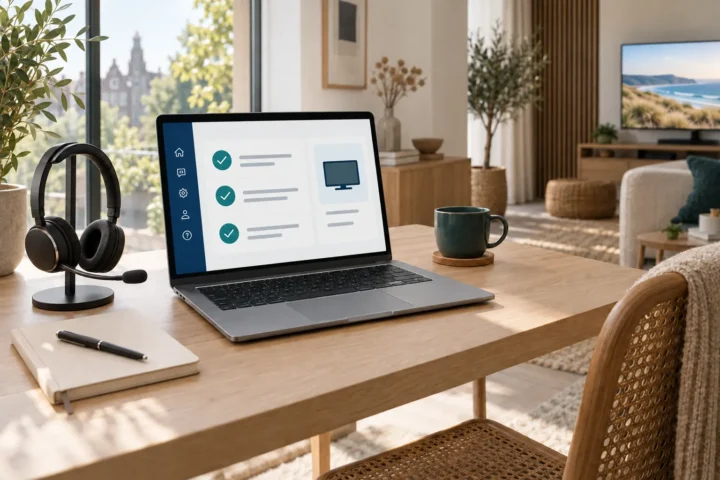 Laptop met een installatie-checklist en een headset op een eiken bureau