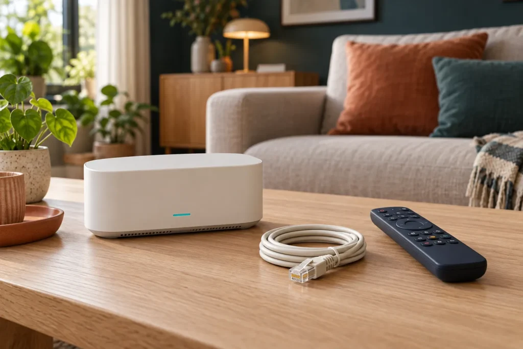 Wifi-router, netwerkkabel en afstandsbediening op een eiken salontafel